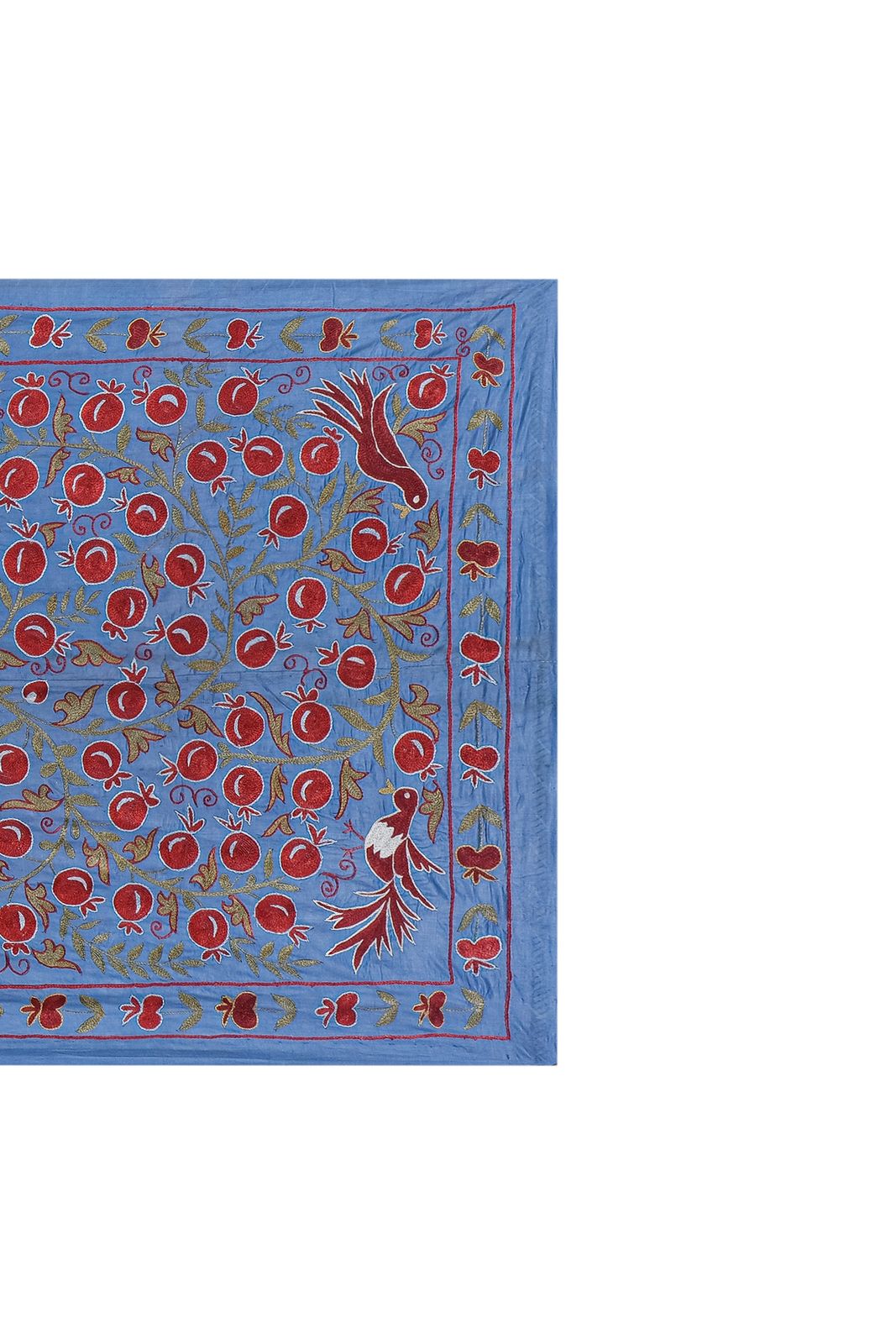 Silk Suzani Blue Table Runner With Pomegranate Design, Animal Pictorial Samarkand Wall Decor 3'6'' X 6'3'' photo for sale