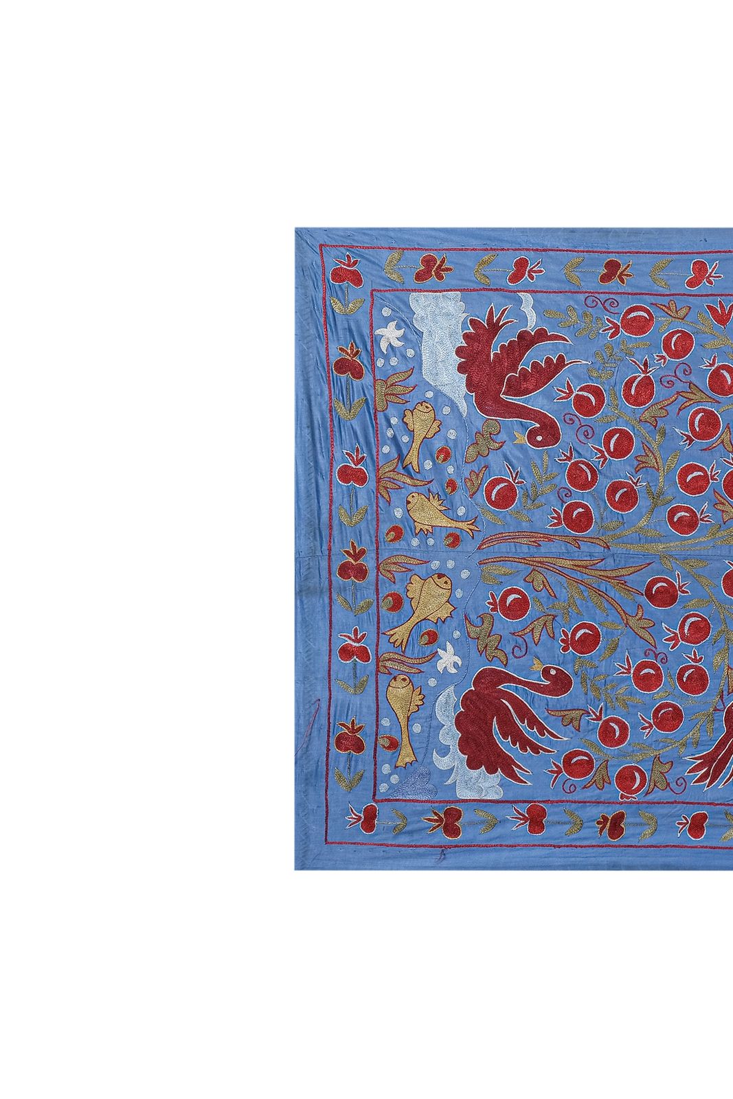 Silk Suzani Blue Table Runner With Pomegranate Design, Animal Pictorial Samarkand Wall Decor 3'6'' X 6'3'' photo 400.0