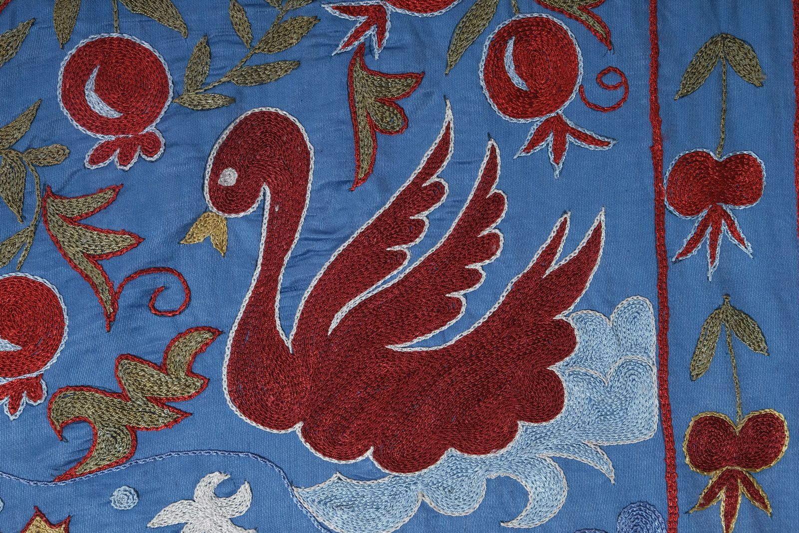photo furniture Silk Suzani Blue Table Runner With Pomegranate Design, Animal Pictorial Samarkand Wall Decor 3'6'' X 6'3''