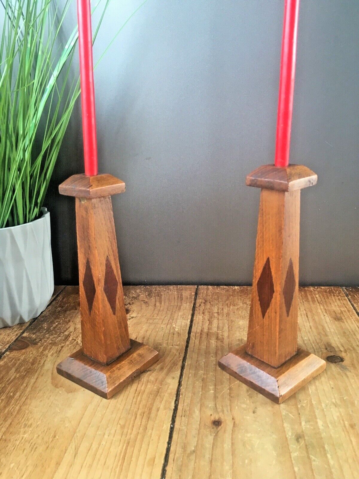 Pair Of Antique Art Deco Inlaid Geometric Oak Wood Candlesticks Candle Holders