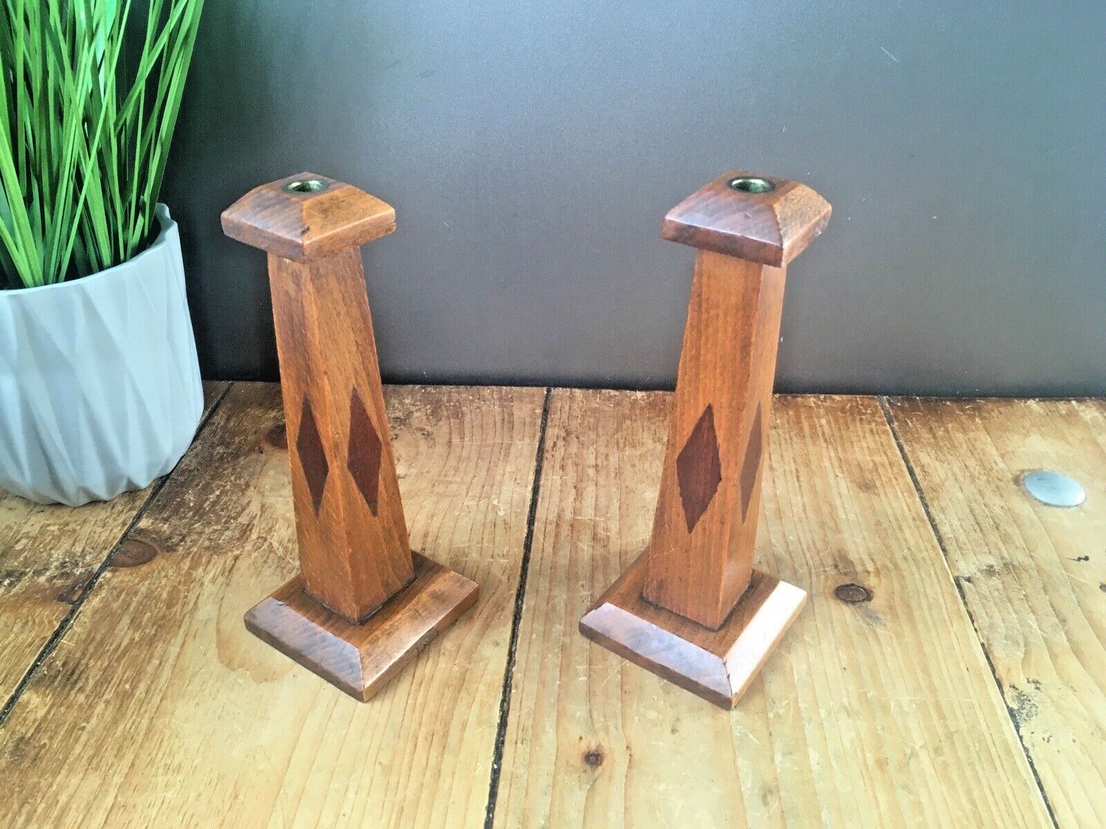 Pair Of Antique Art Deco Inlaid Geometric Oak Wood Candlesticks Candle Holders photo furniture