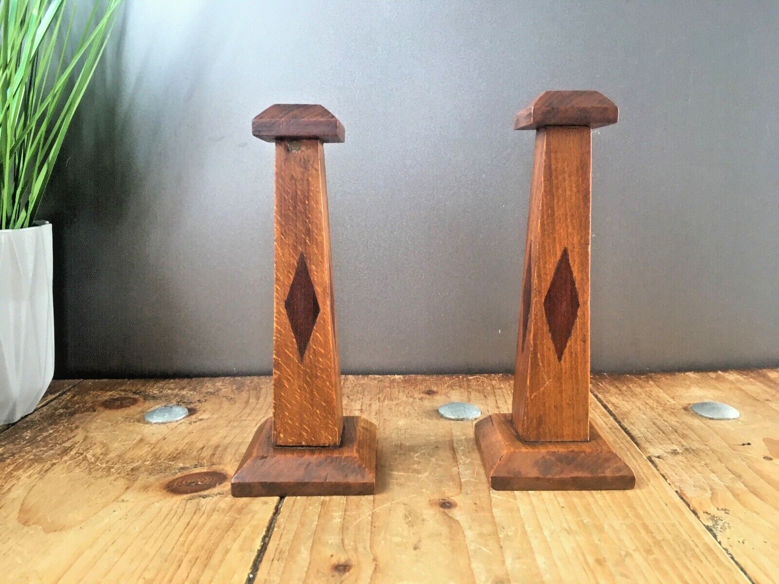 Pair Of Antique Art Deco Inlaid Geometric Oak Wood Candlesticks Candle Holders photo vinterior
