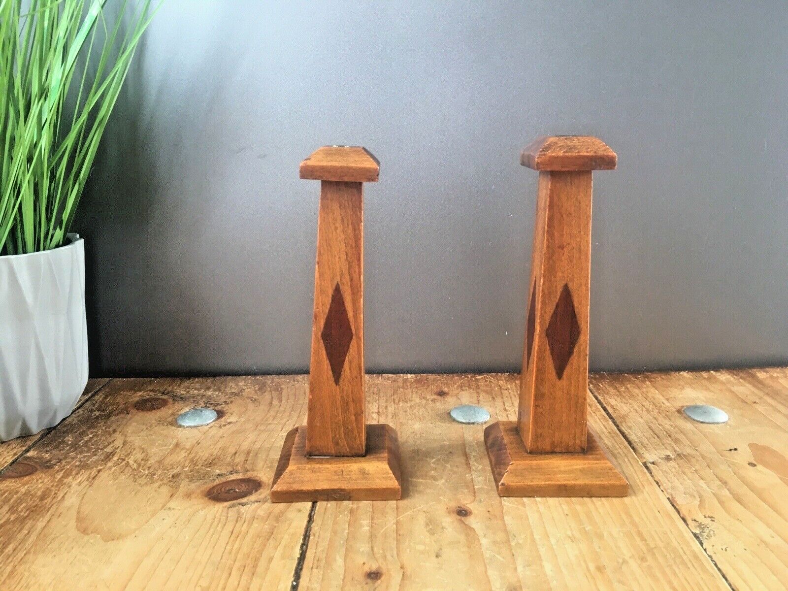 Pair Of Antique Art Deco Inlaid Geometric Oak Wood Candlesticks Candle Holders photo buy