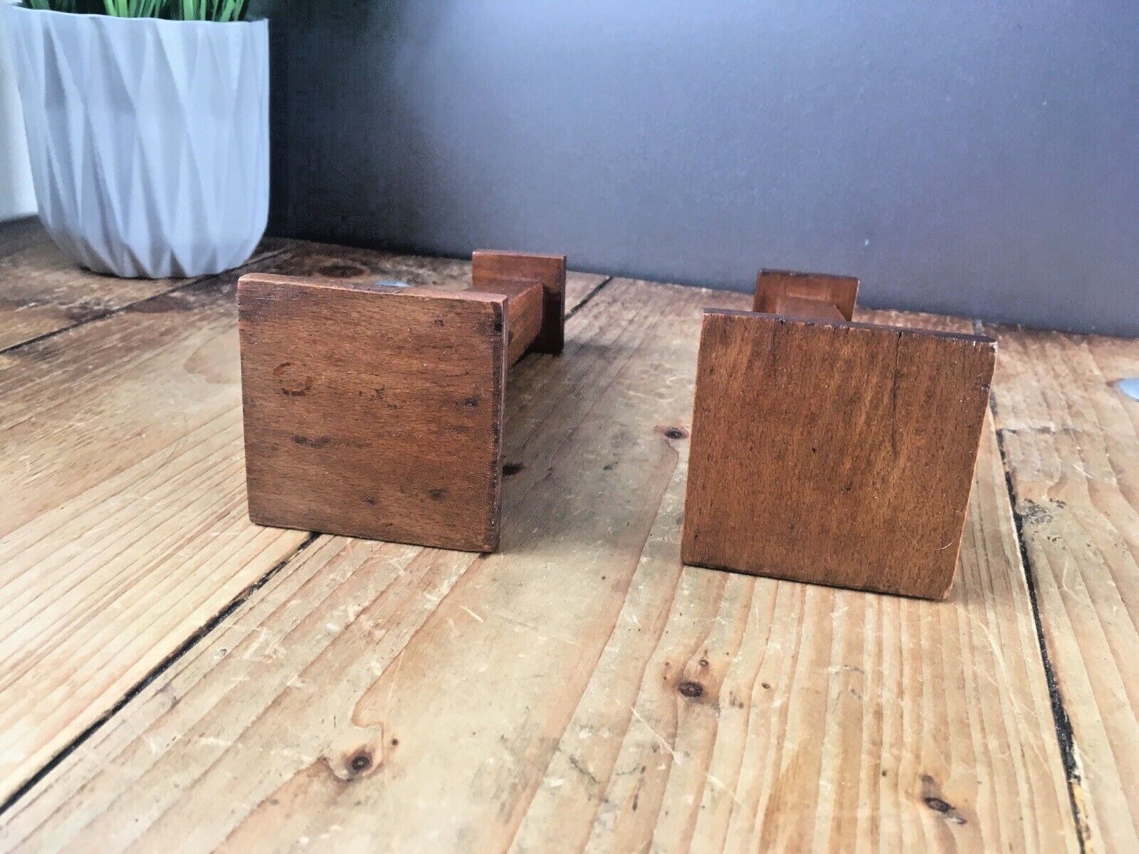 photo furniture Pair Of Antique Art Deco Inlaid Geometric Oak Wood Candlesticks Candle Holders