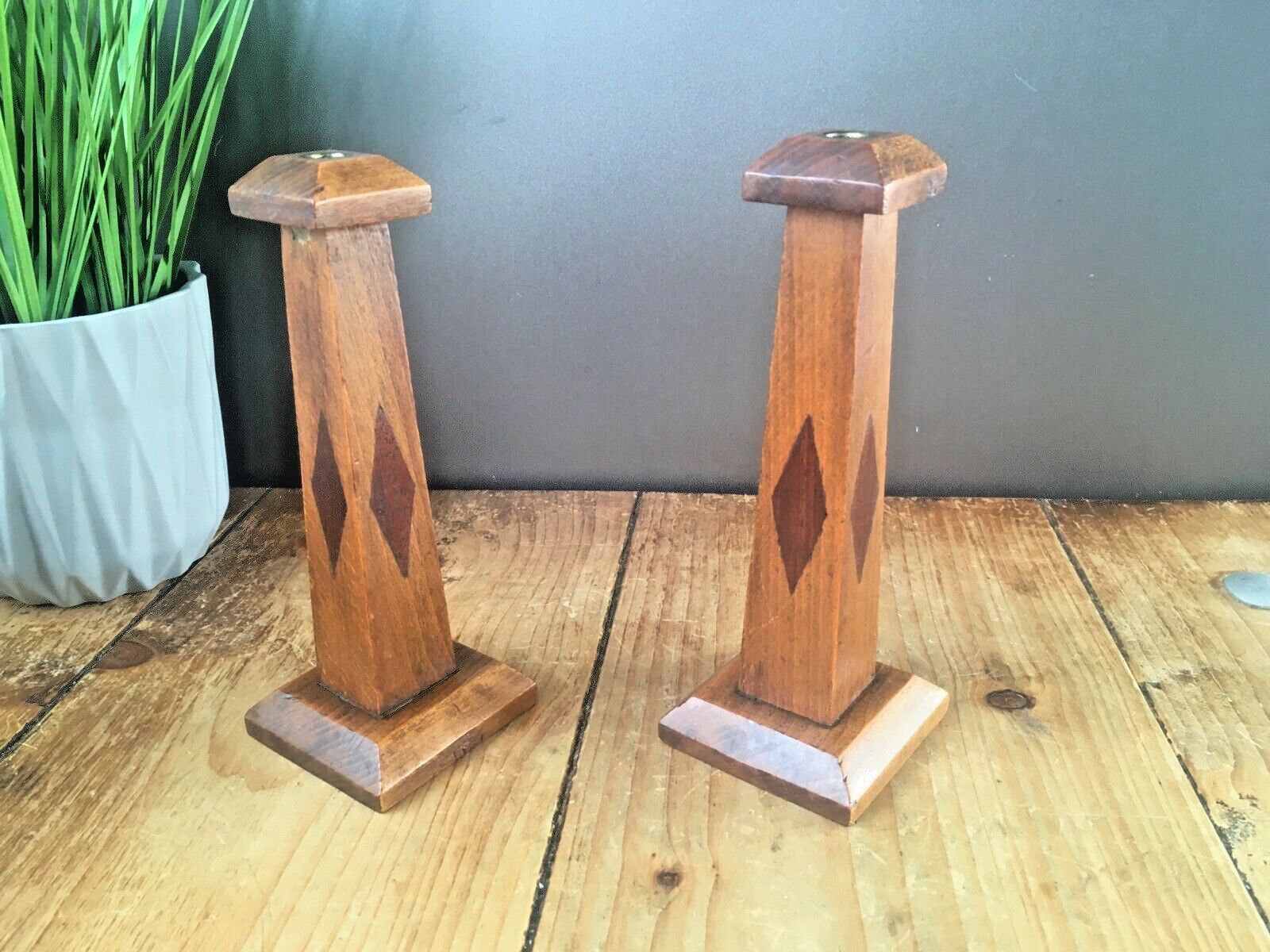 75.0 Pair Of Antique Art Deco Inlaid Geometric Oak Wood Candlesticks Candle Holders photo