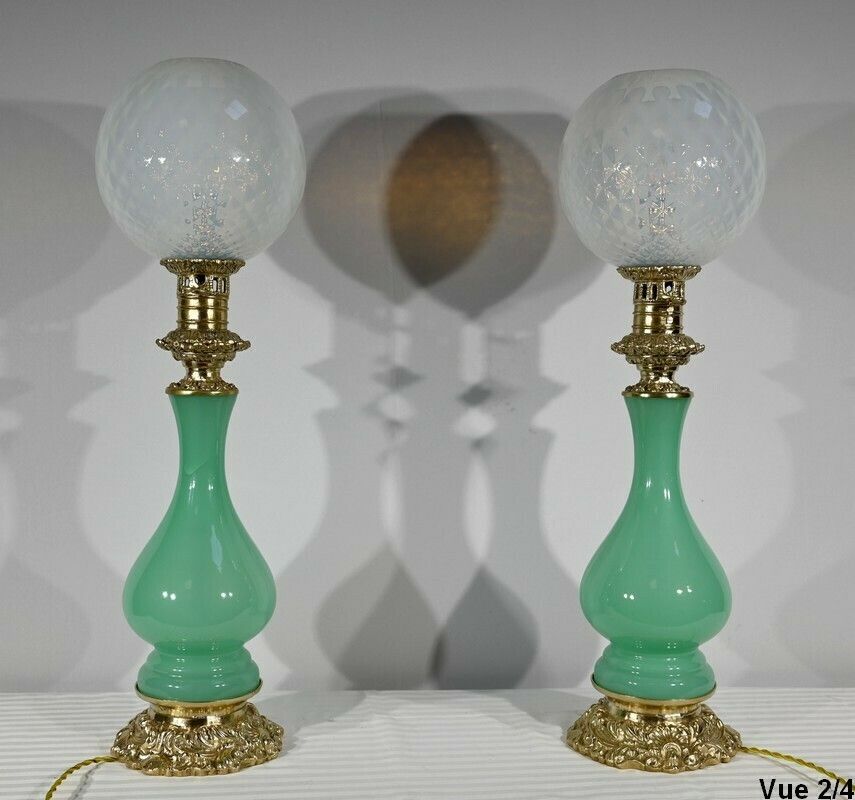 photo vinterior Pair Of Opaline And Bronze Lamps   Late 19th Century