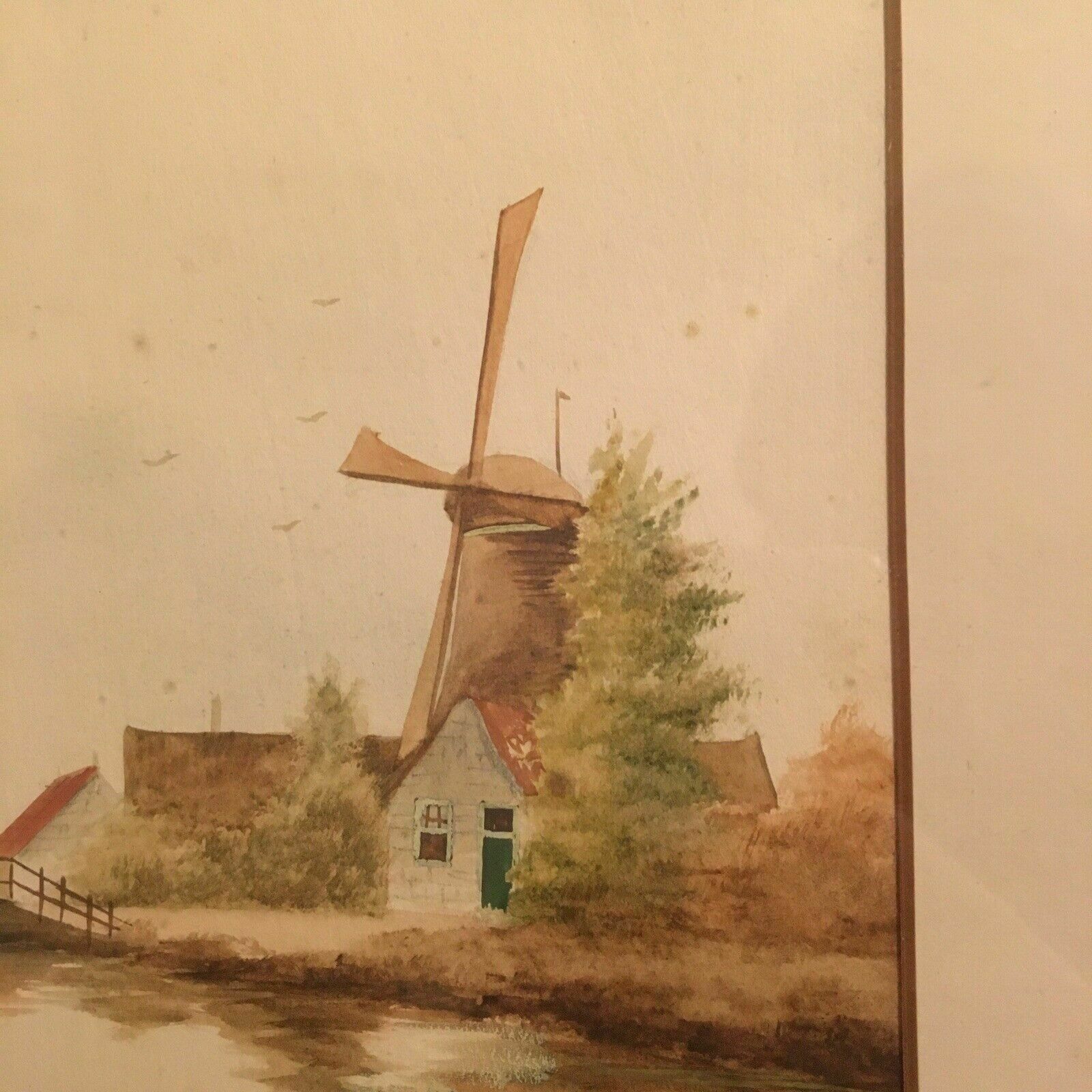 N Wijsmuller Watercolour Painting Taditional Dutch Antique Windmill Vintage photo furniture