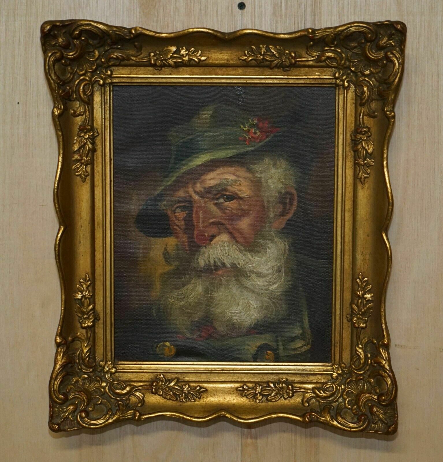 Antique Signed Dutch Oil On Canvas Painting Of Old Man Man With Grey Hair & Cap