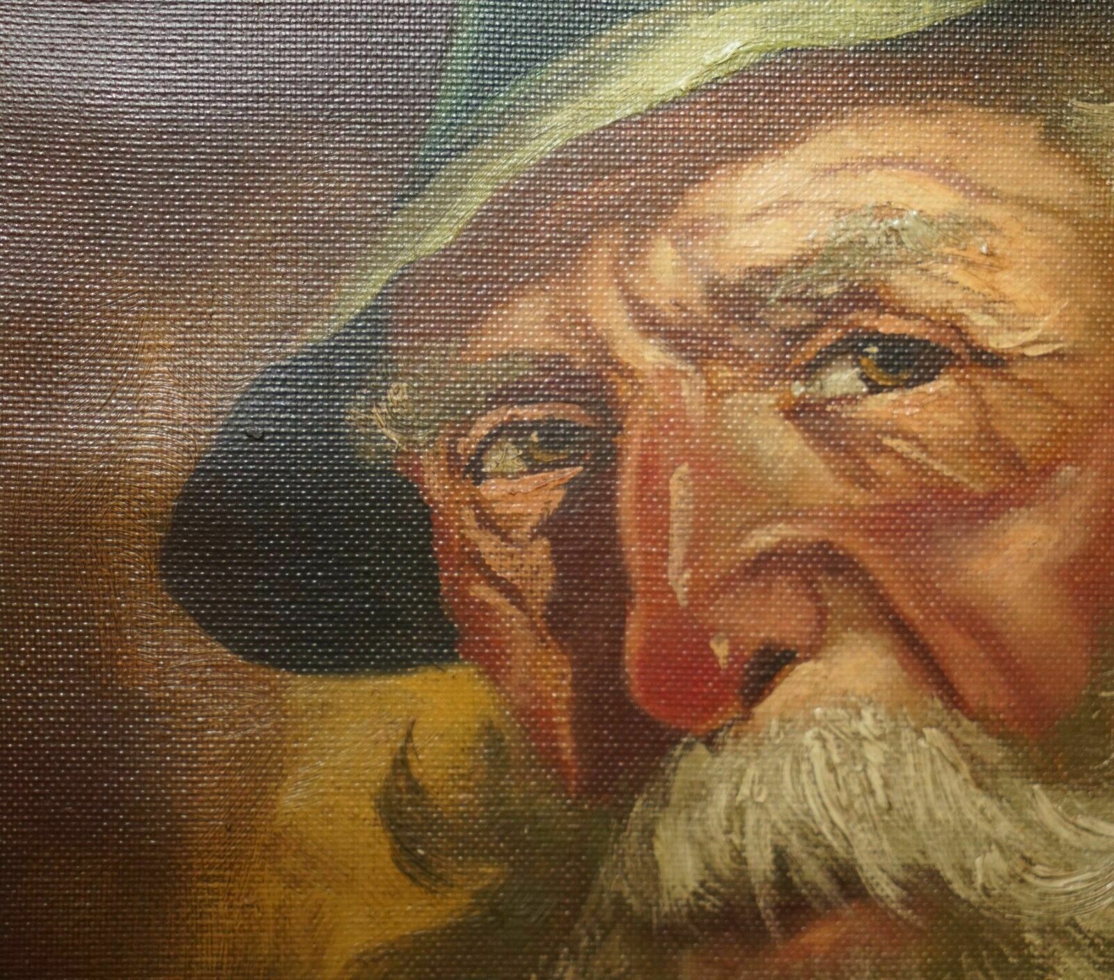 photo for sale Antique Signed Dutch Oil On Canvas Painting Of Old Man Man With Grey Hair & Cap