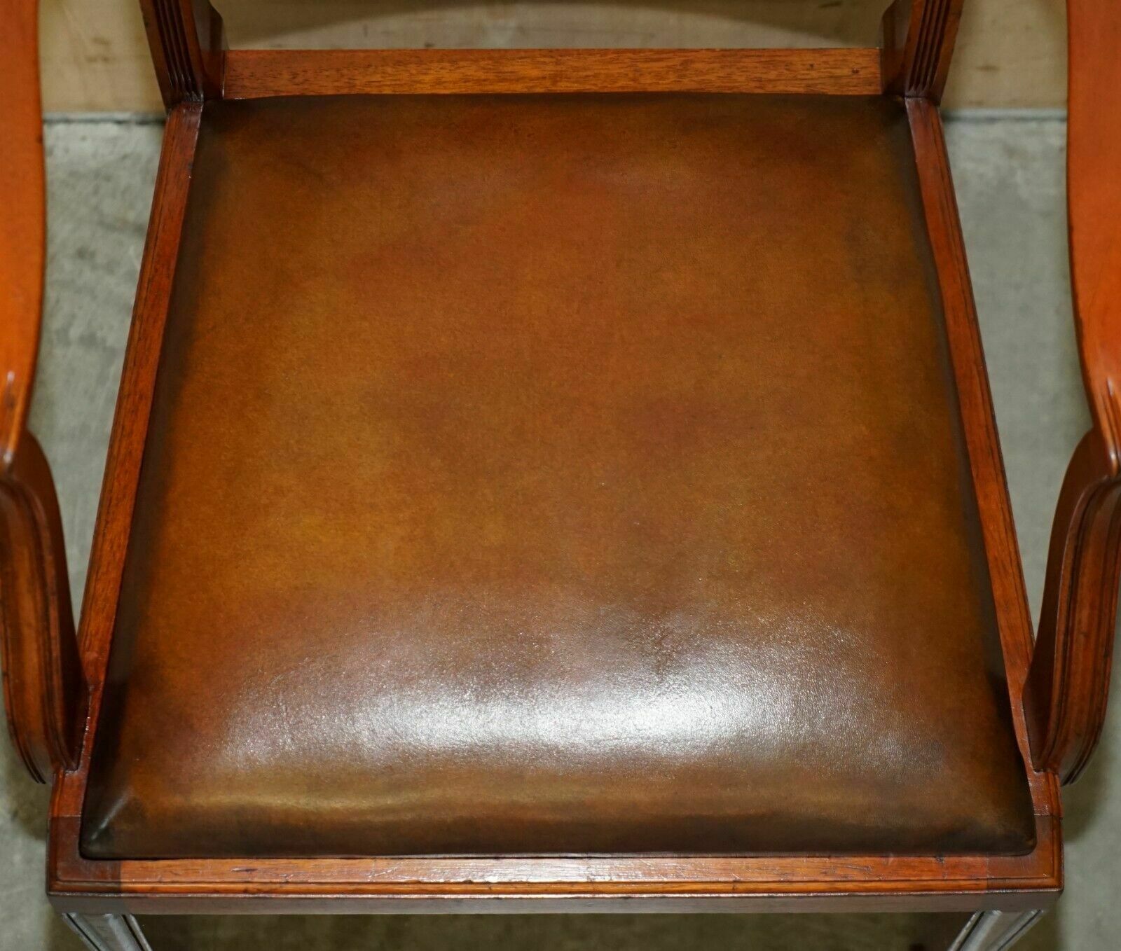 2350.0 Six Vintage Restored Hand Dyed Brown Leather Hand Carved Frame Dining Chairs photo
