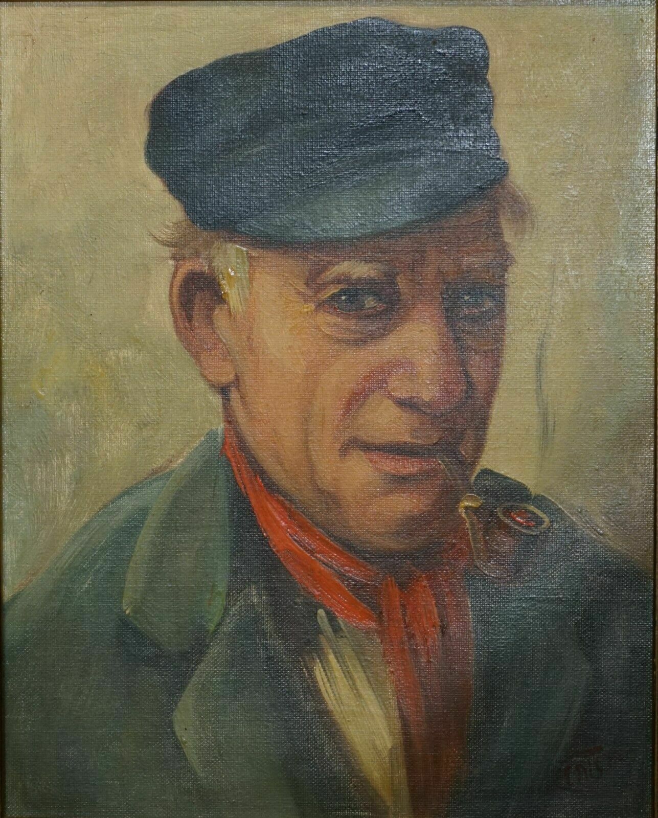 Antique Signed Dutch Oil On Canvas Painting Of Old Man Fisherman Smoking A Pipe photo Art