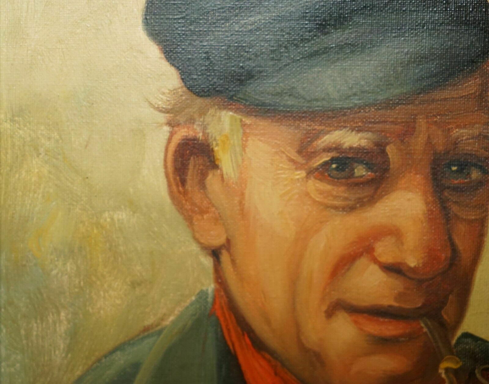 photo for sale Antique Signed Dutch Oil On Canvas Painting Of Old Man Fisherman Smoking A Pipe