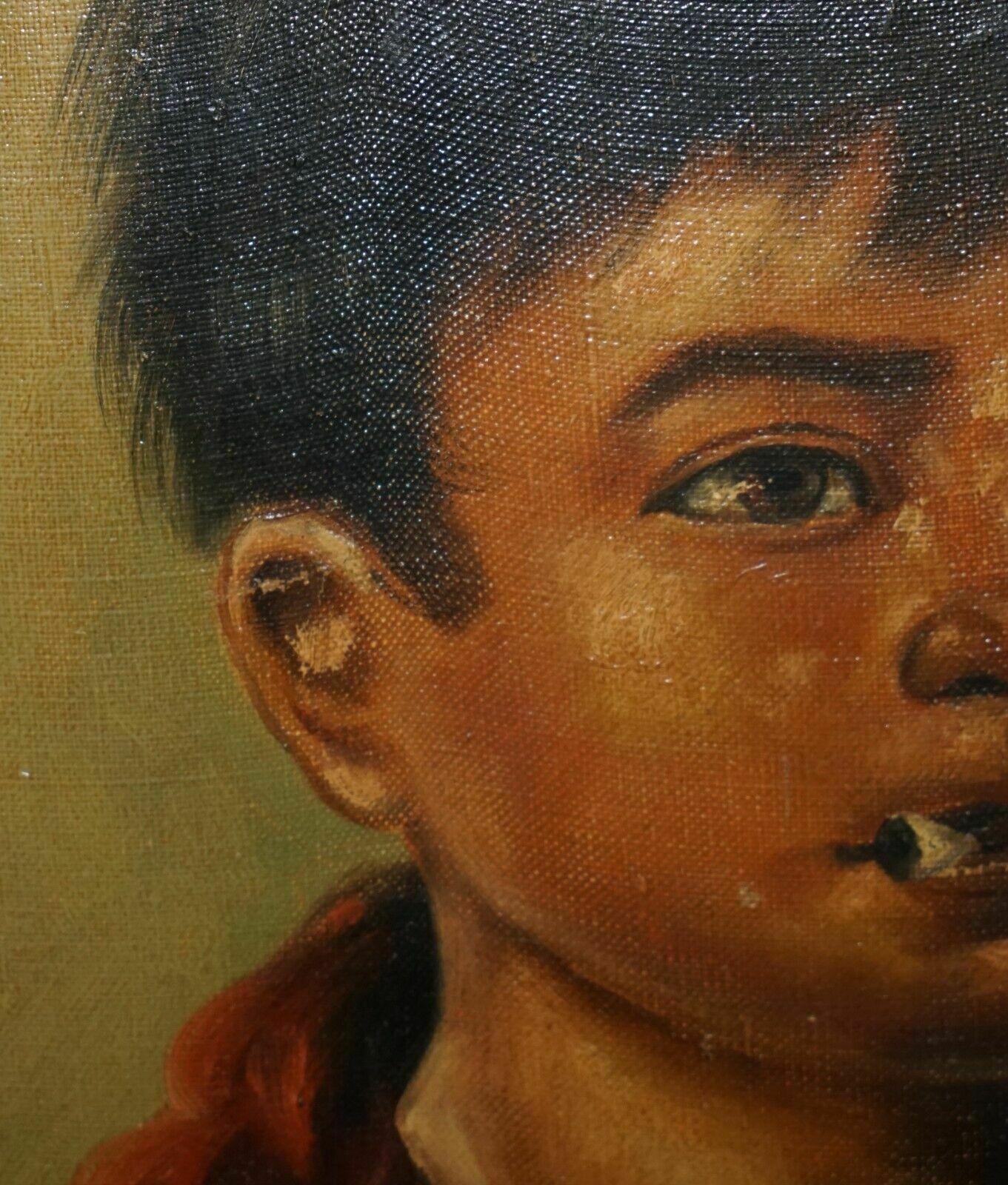 Art Antique Signed Janson Belgium Oil On Canvas Painting Of Young Boy Smoking photo