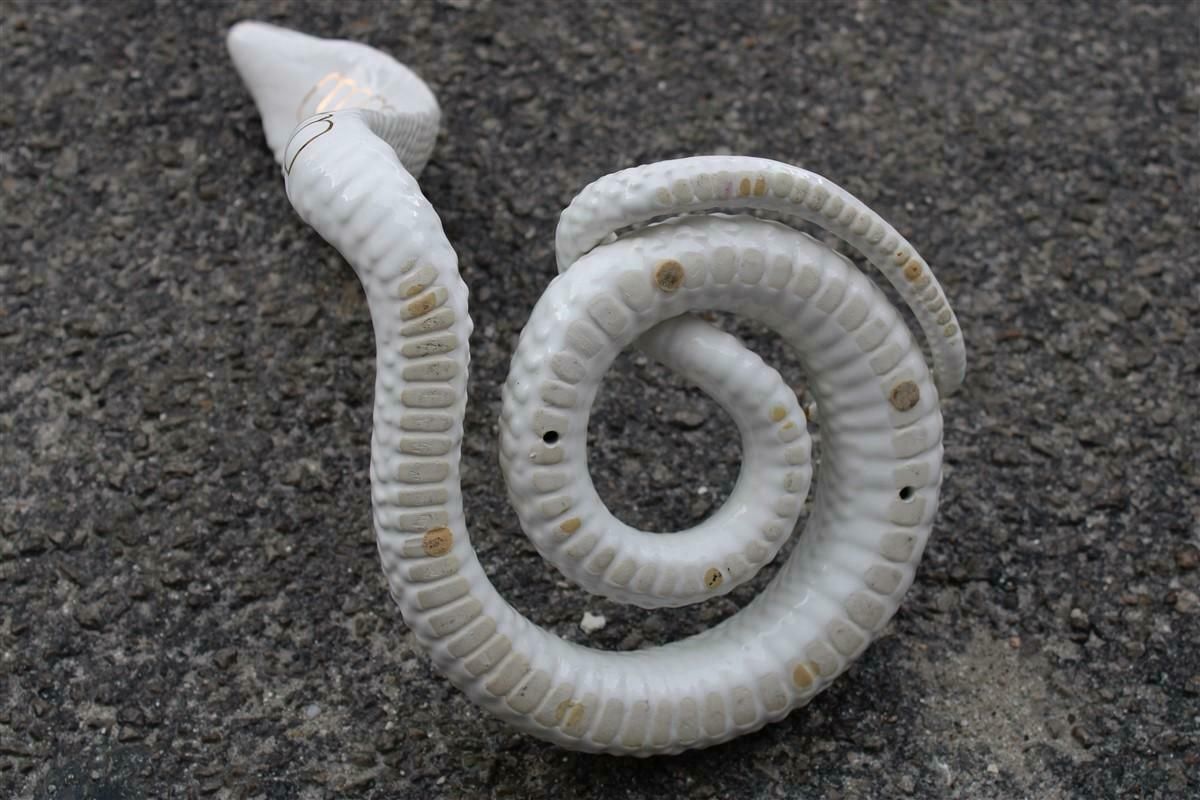 photo for sale Snake Ornamental Sculpture In White And Gold Ceramic Tommaso Barbi, 1970s