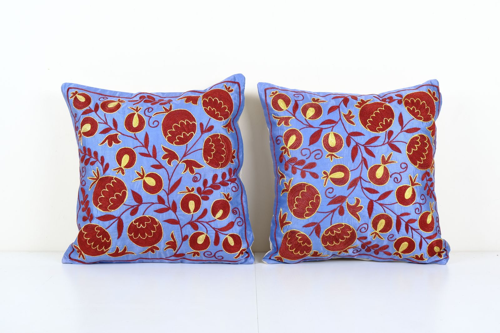 Matching Suzani Textile Pillow, Tree Of Life Motifs Embroidered Suzani Silk Cover 19'' X 19''
