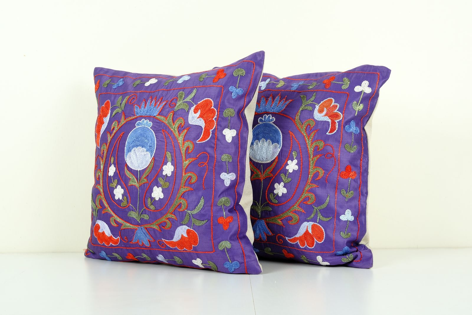Suzani Silk On Silk Pillow, Set Of Two Uzbek Silk Purple Embroidery Cushion 19'' X 19'' photo furniture