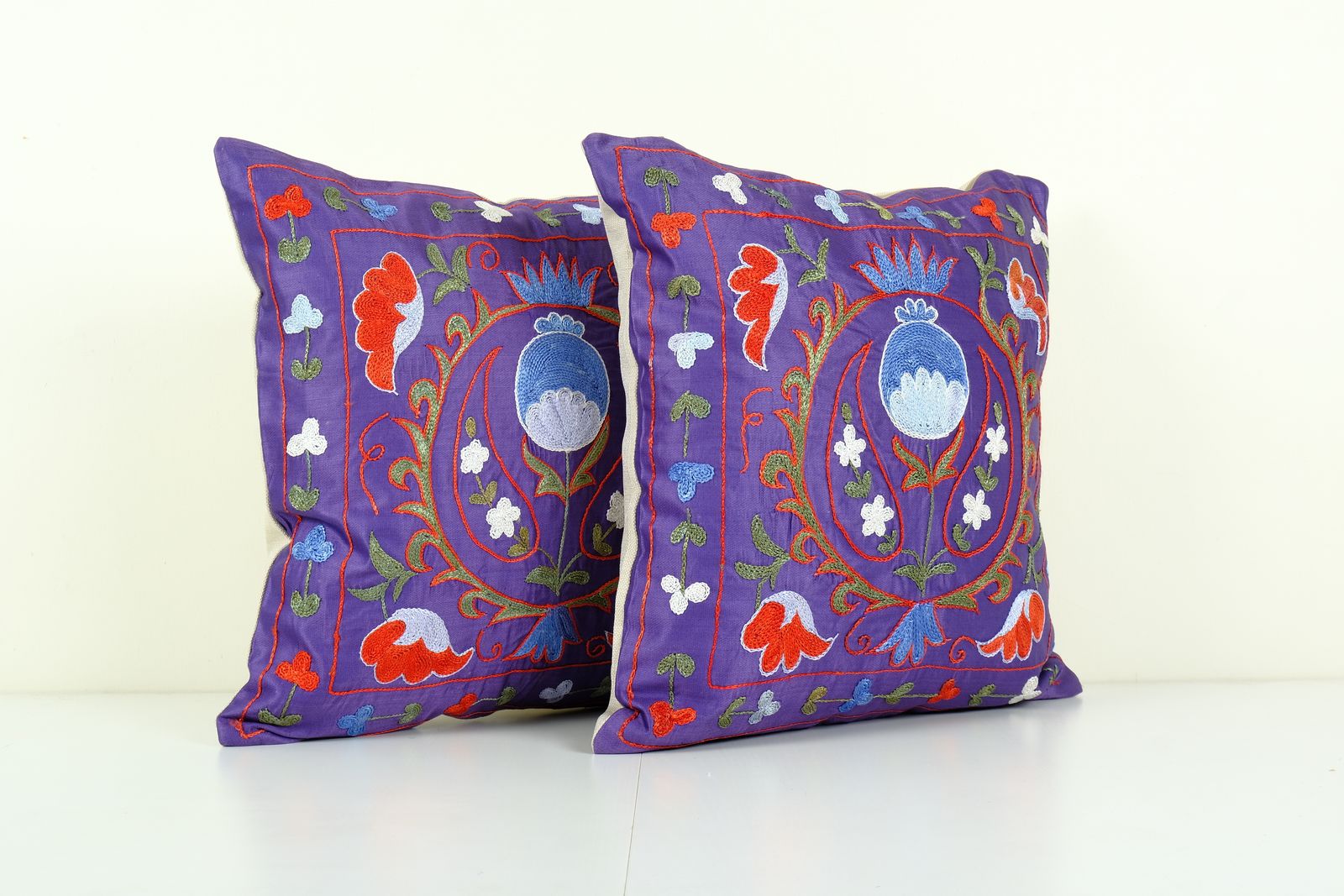 Suzani Silk On Silk Pillow, Set Of Two Uzbek Silk Purple Embroidery Cushion 19'' X 19'' photo for sale
