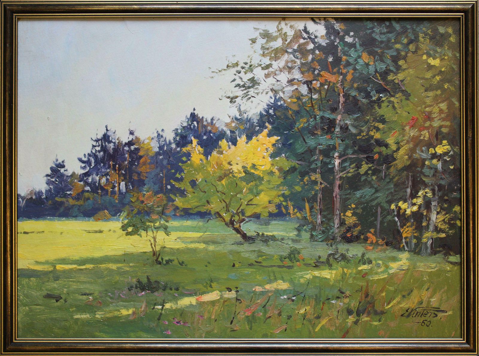 Edgars Vinters Sunny Autumn Forest Edge. 1960, Cardboard, Oil photo furniture