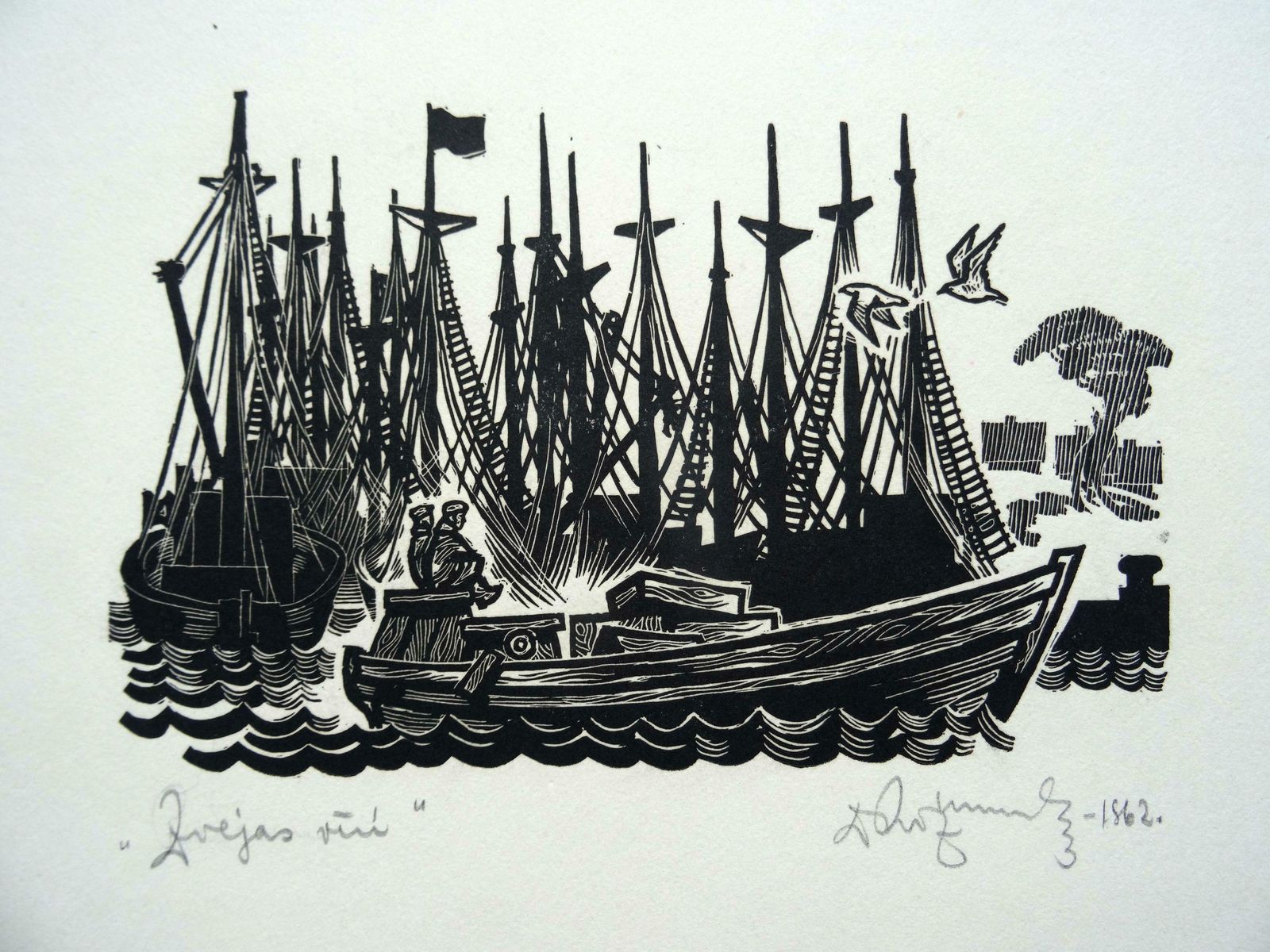 Dainis Rozkalns Fishing Men. Paper, Linocut