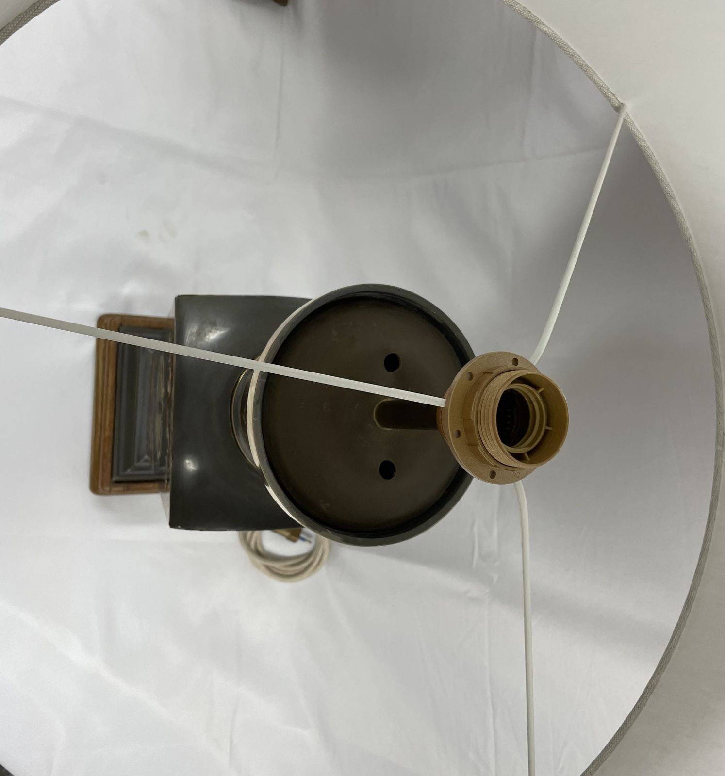 2950.0 Pair Of Metal Lamps With Brass Applications On Wooden Bases.  50's photo