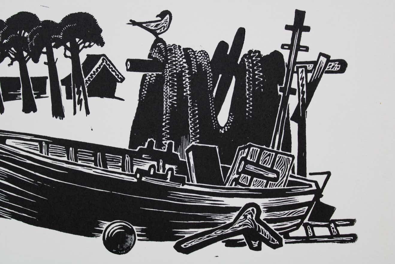 Dainis Rozkalns Fishing Boat. Double Sided. Paper, Linocut, photo for sale
