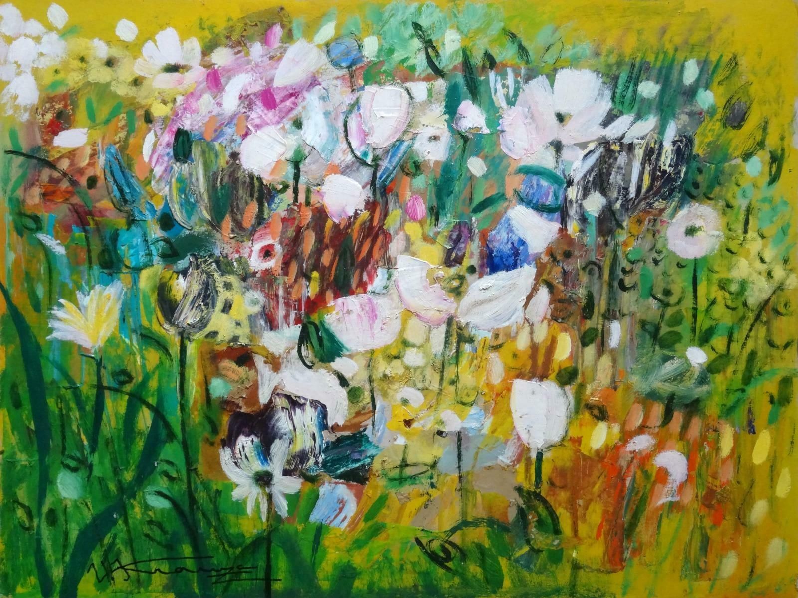Uldis Krauze Bright Flowers In The Garden Cardboard, Oil