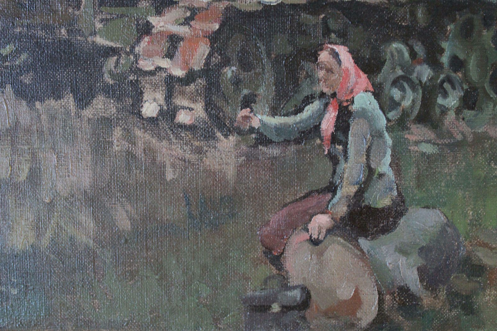 1745.0 Jekabs Bine Afternoon. Workers With Lorry By The River. Oil On Canvas photo