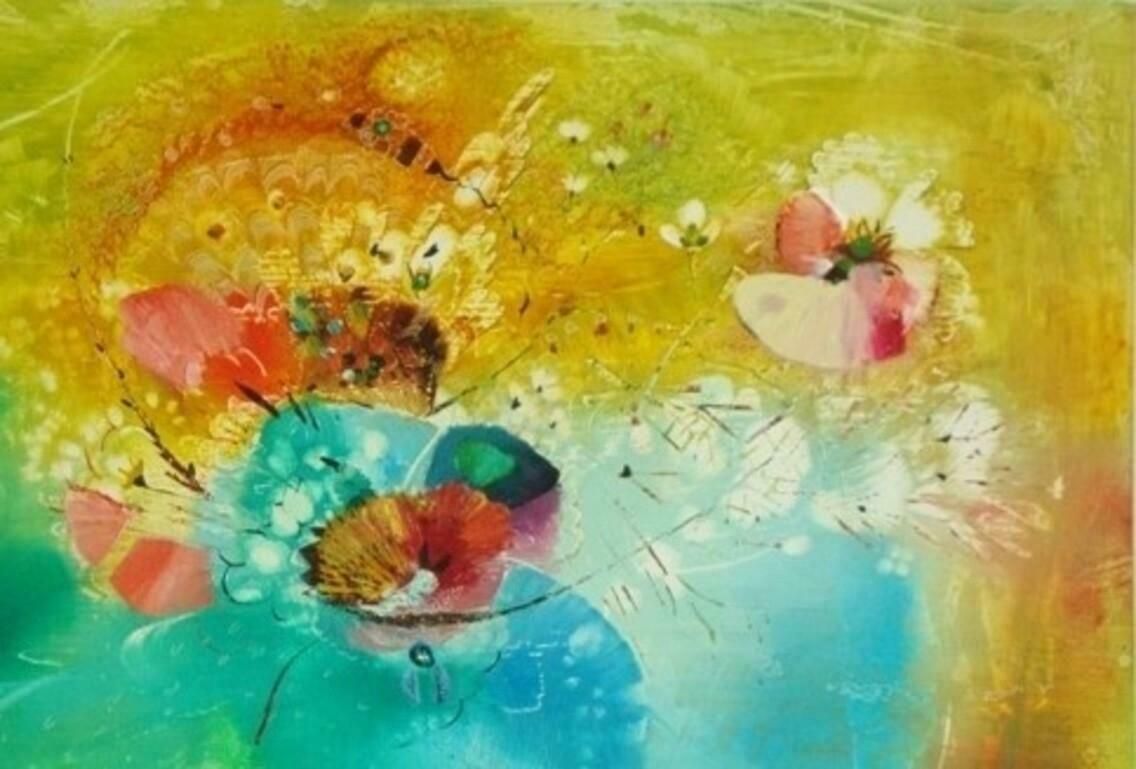 Juris Zvirbulis Summer Flowers In Yellow,Green,Cyan Colours. 1990s.Cardboard,Mixed Media Art 1990 photo furniture