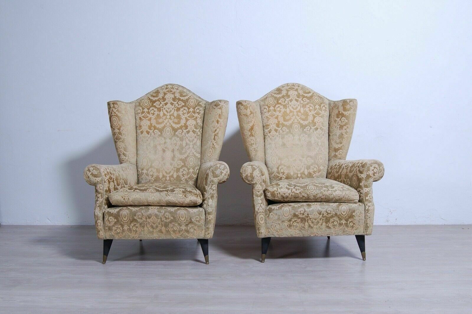 Pair Of 1950s Design Armchairs With Wooden Feet And Brass Tips In Damask Fabric photo furniture