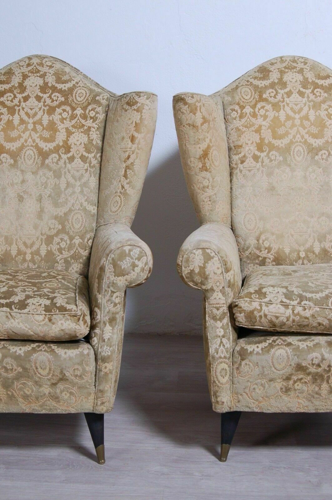 Pair Of 1950s Design Armchairs With Wooden Feet And Brass Tips In Damask Fabric photo for sale