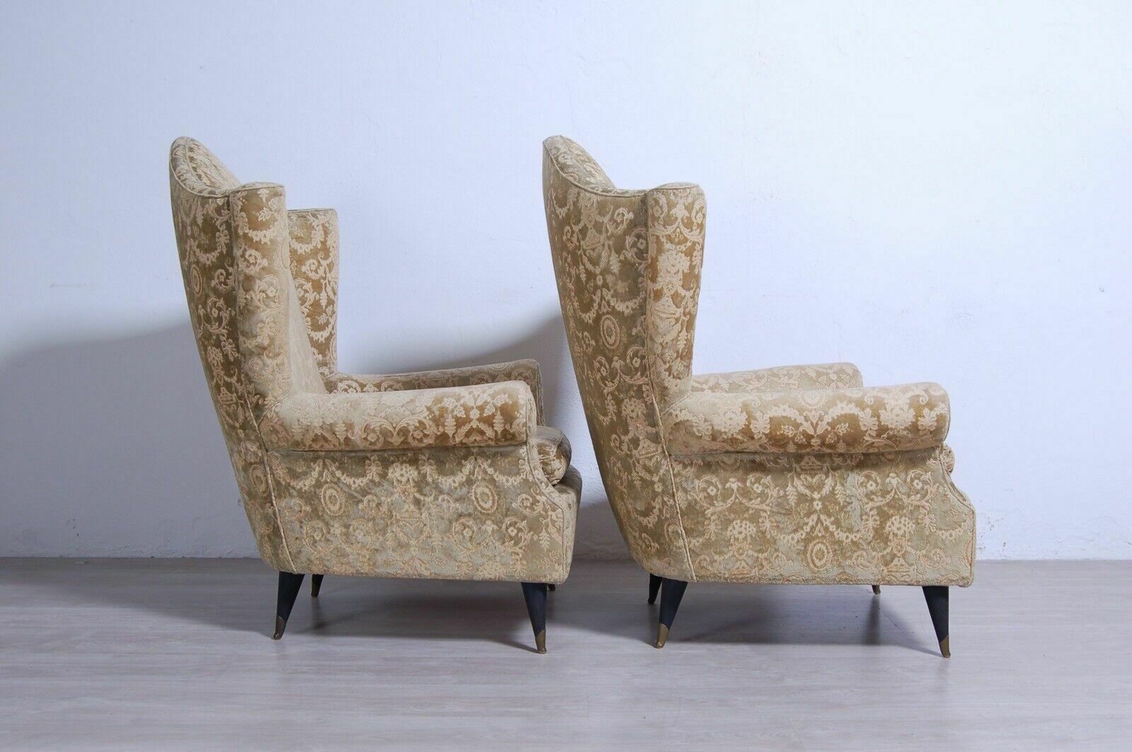 Pair Of 1950s Design Armchairs With Wooden Feet And Brass Tips In Damask Fabric photo Furniture