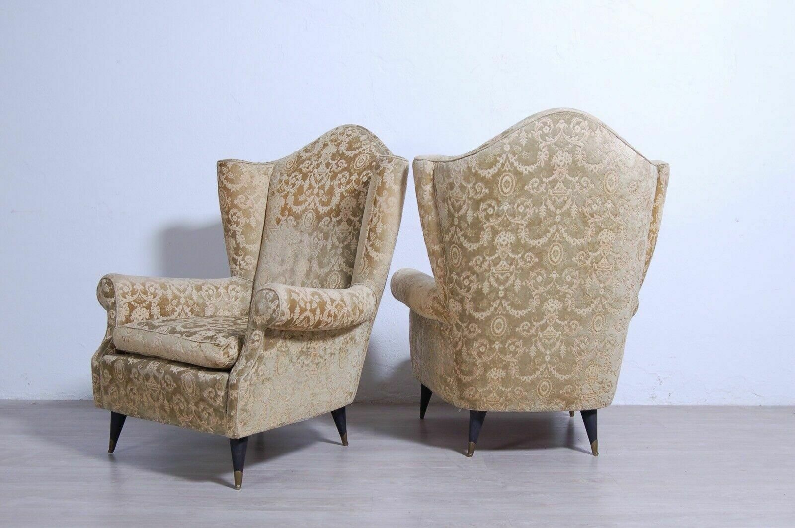 Pair Of 1950s Design Armchairs With Wooden Feet And Brass Tips In Damask Fabric photo buy