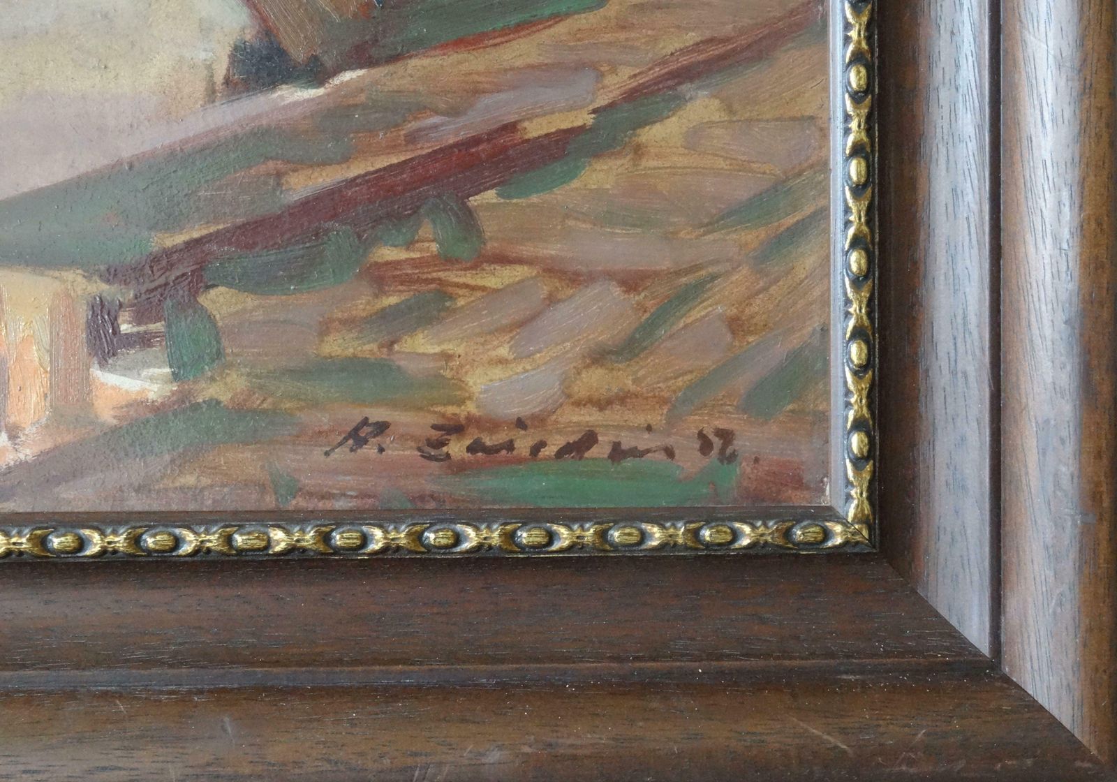 Aleksandrs Zviedris River With The Bridge And Ship In Earth Colours. 1956. Oil On Board, 1956 photo for sale