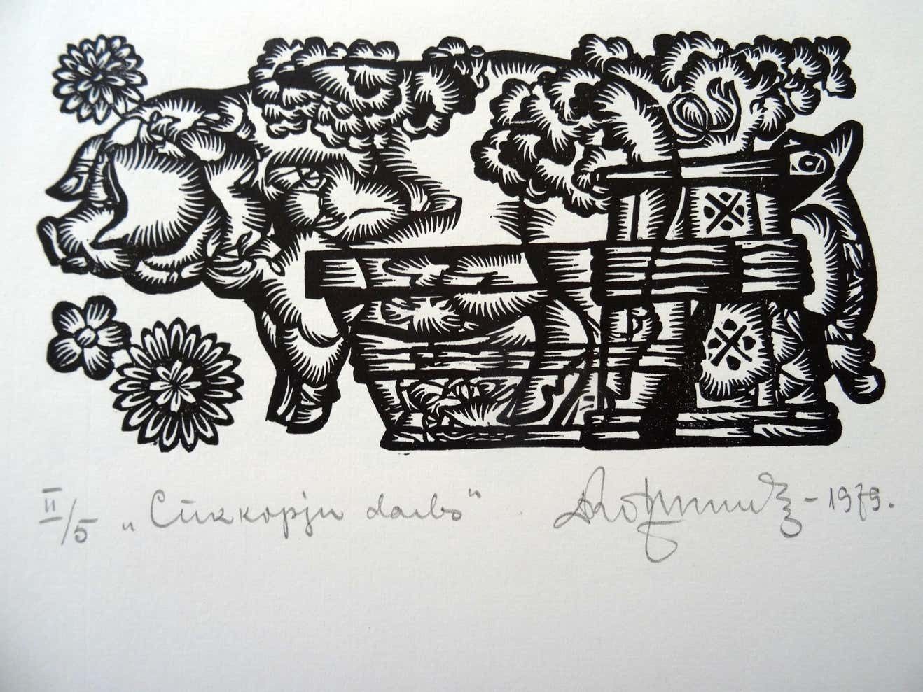 Dainis Rozkalns Pig Farmer's Job. 1979. Paper, Linocut