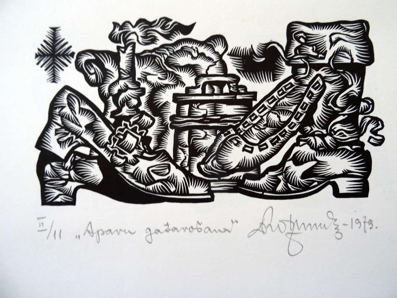 Dainis Rozkalns Making Of Shoes. 1979. Paper, Linocut,