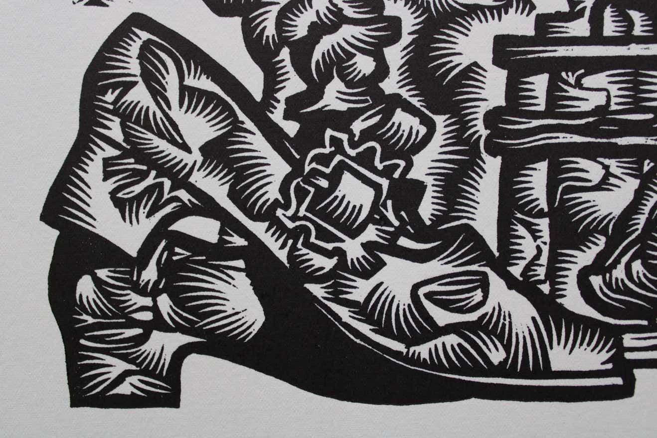 Dainis Rozkalns Making Of Shoes. 1979. Paper, Linocut, photo furniture