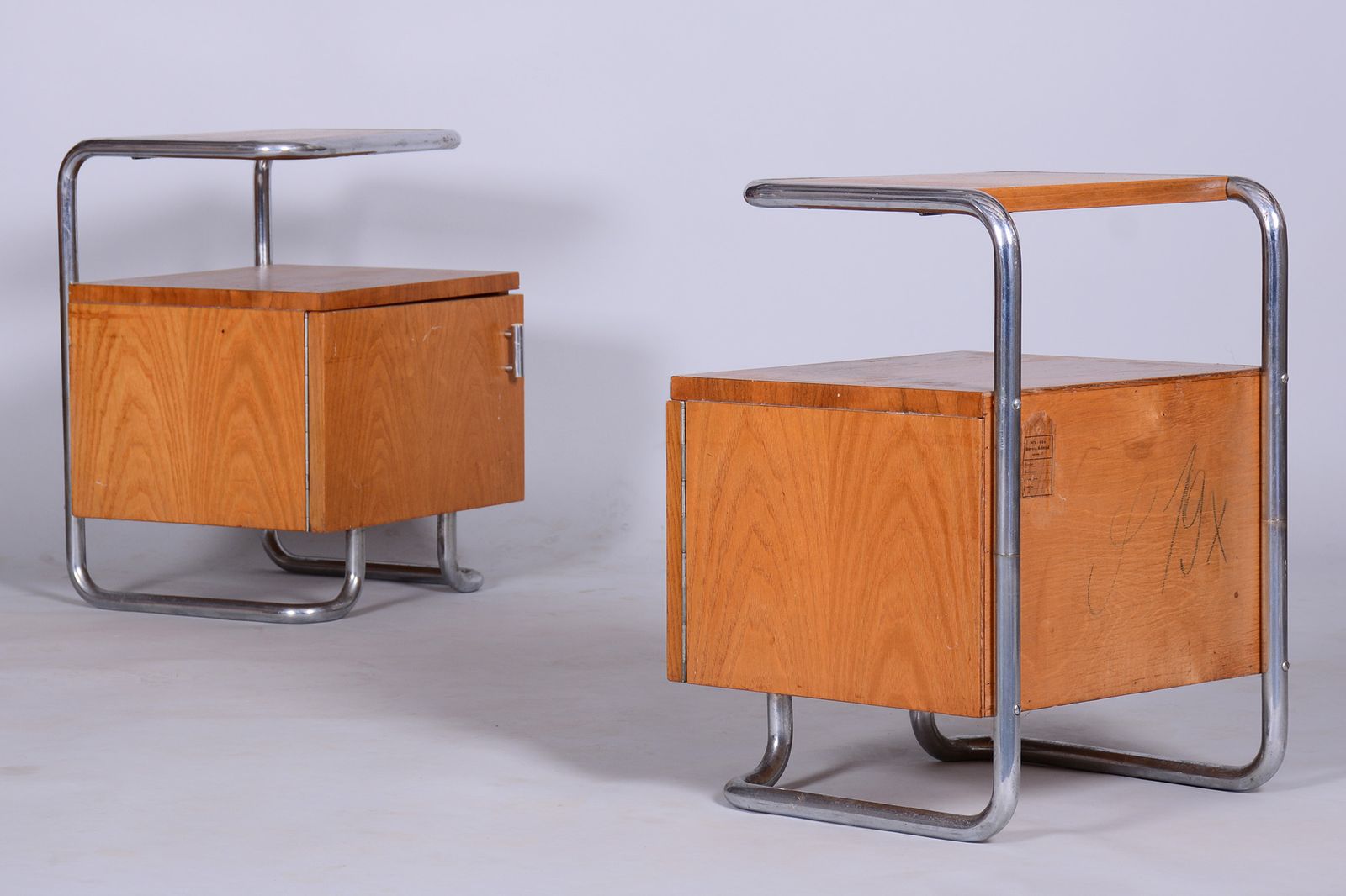 Pair Of Restored Bauhaus Oak Bed Side Tables, Mucke Melder, Czechia, 1930s photo furniture
