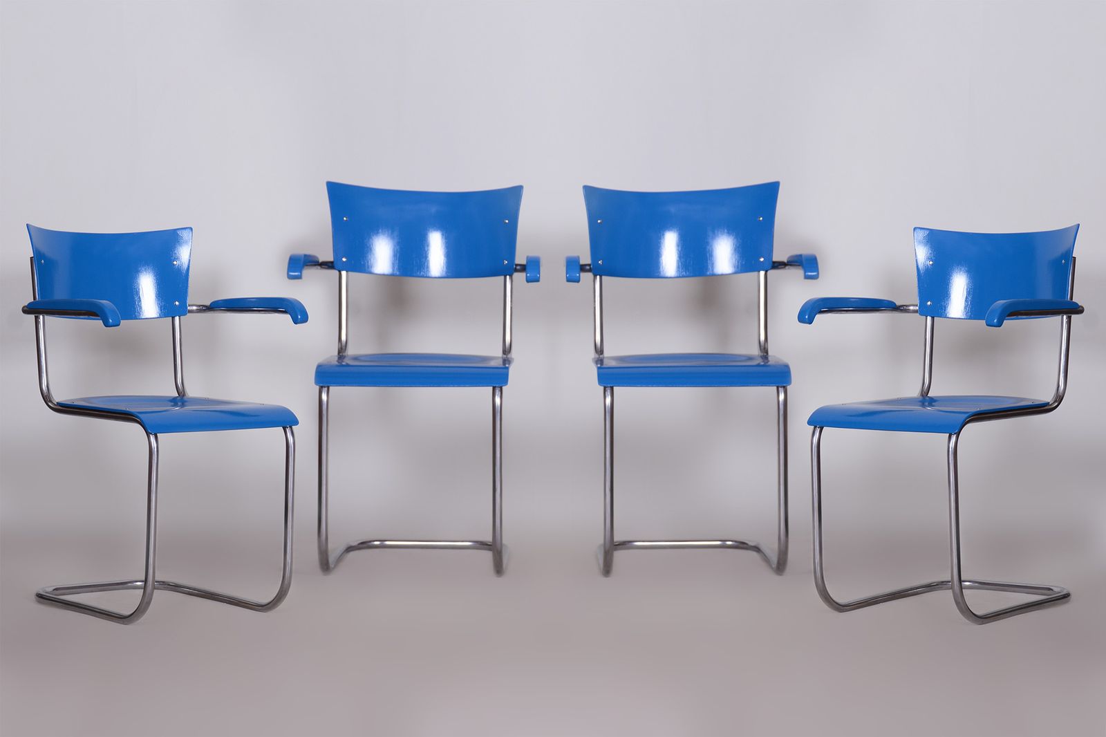 Set Of Four Blue Restored Beech Armchairs By Mart Stam, Germany, 1930s
