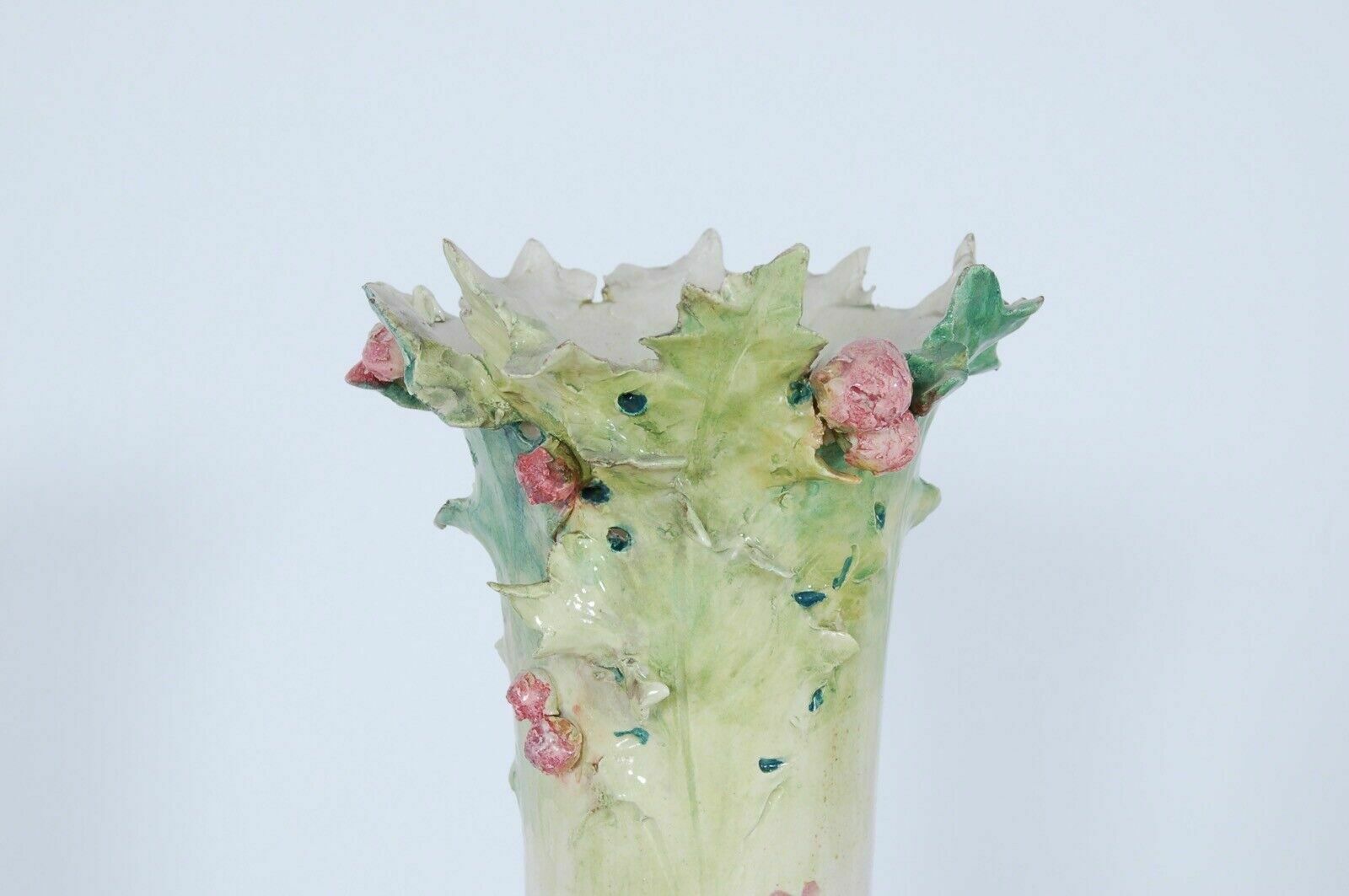 411.0 Large Slip Vase From The Early 1900s Flowers In Relief Terracotta Clay Amphora photo