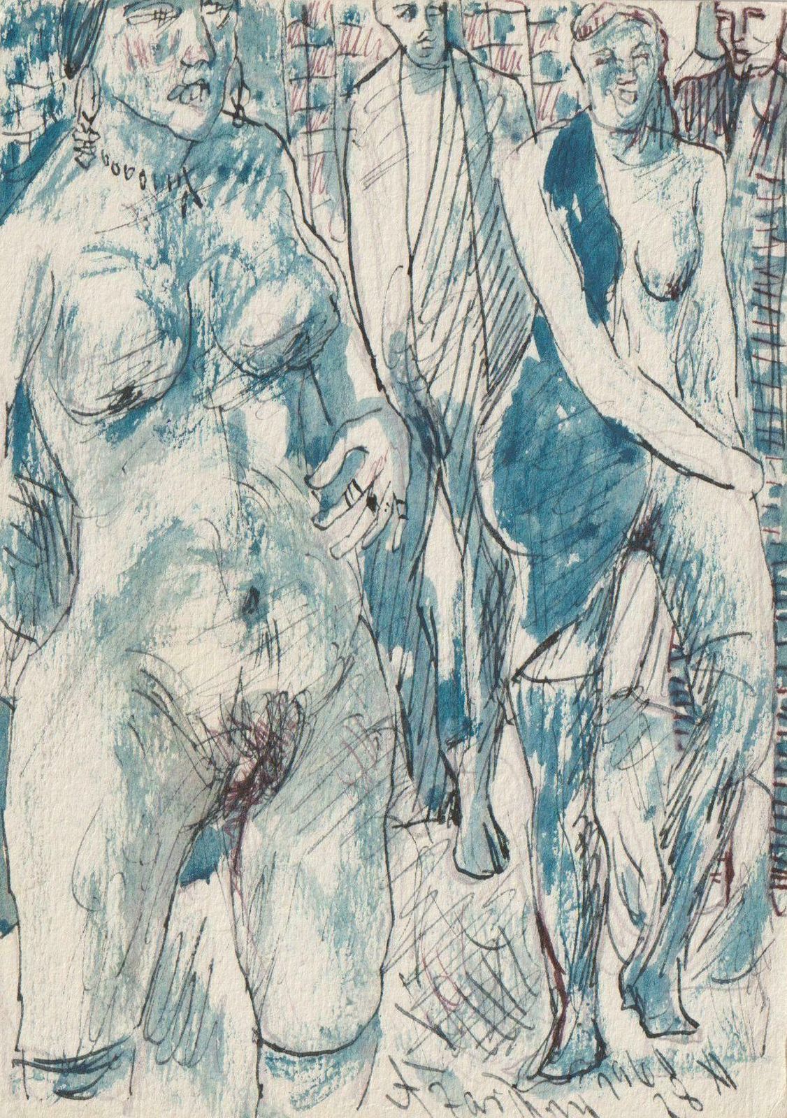 Adolfs Zardins Erotic Scene Paper Mixed Media Art