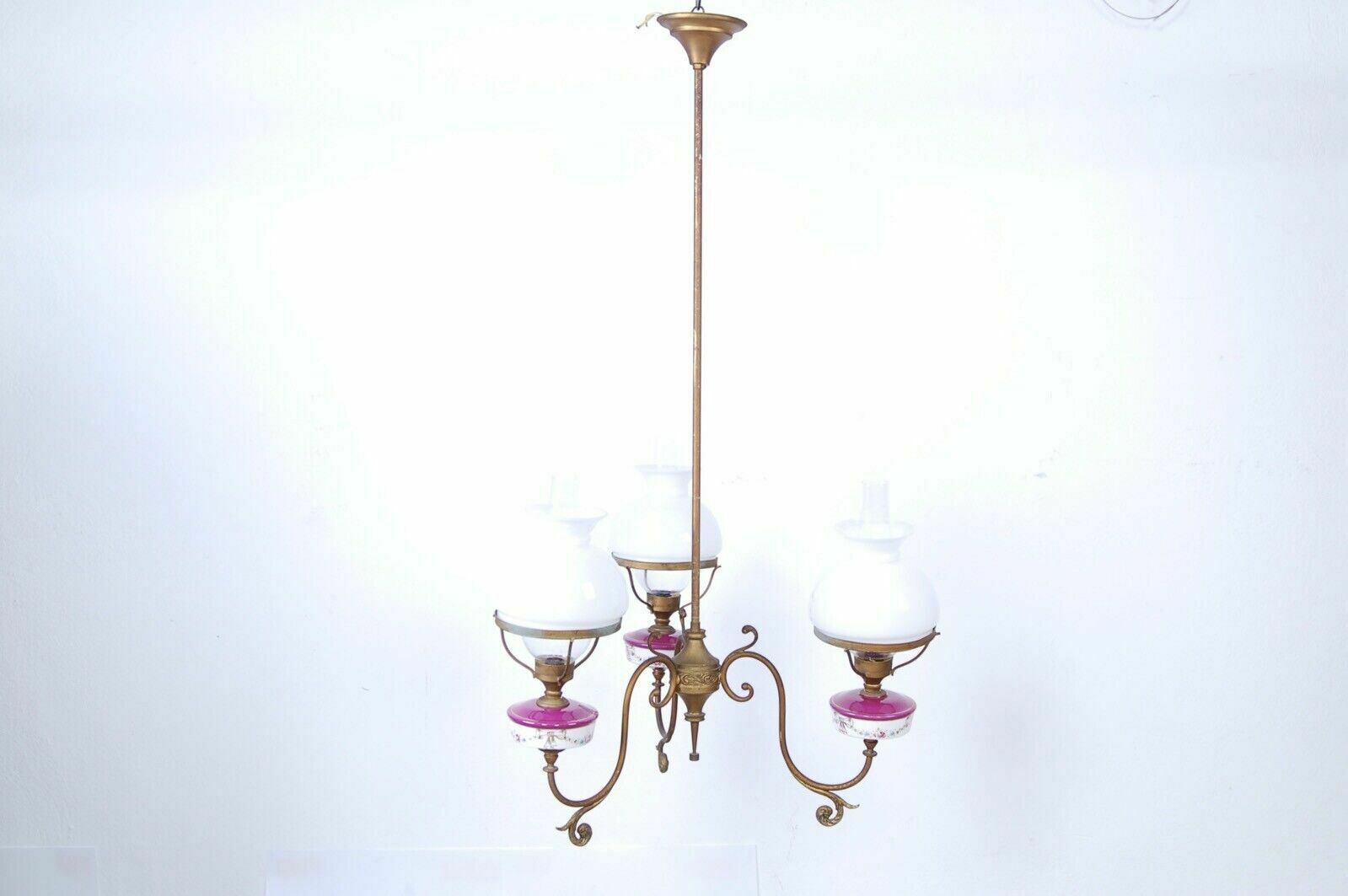 1940s Design Chandelier With Three Lights, Vintage Ceramic Glass Ceiling Lamp photo furniture