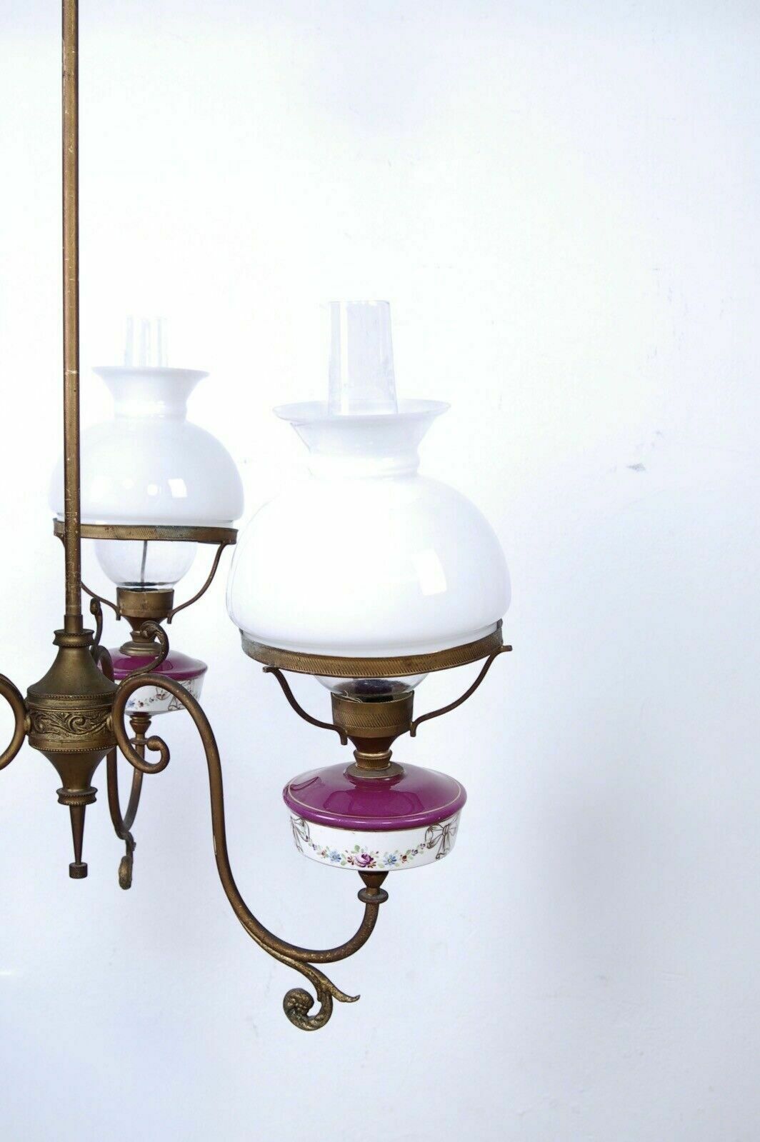 1940s Design Chandelier With Three Lights, Vintage Ceramic Glass Ceiling Lamp photo for sale