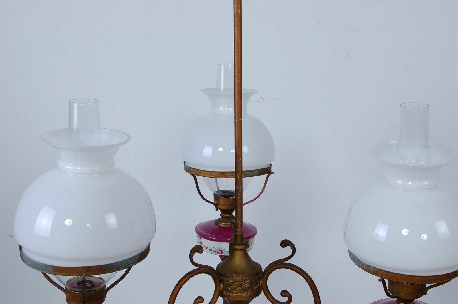 1940s Design Chandelier With Three Lights, Vintage Ceramic Glass Ceiling Lamp photo vinterior