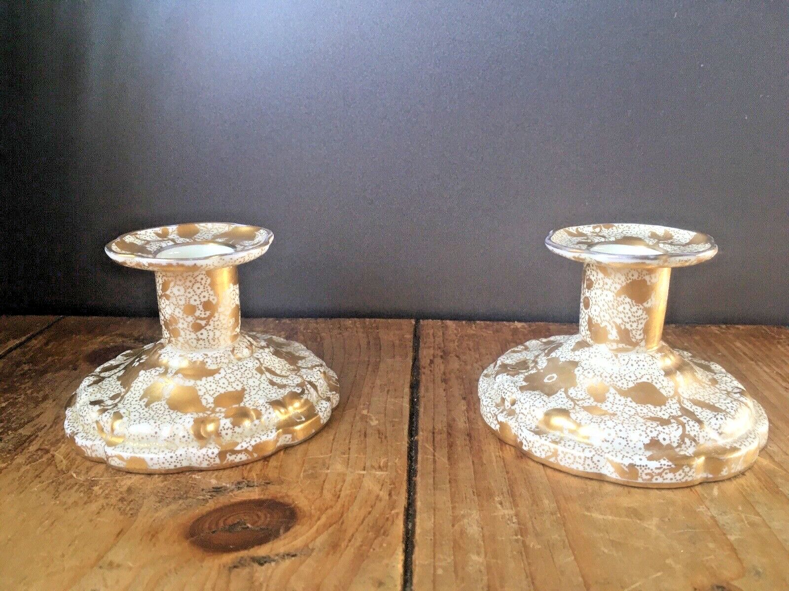 Pair Of Antique Tuscan Fine China Gilded Floral Spray Candlestick Candle Holders photo 65.0
