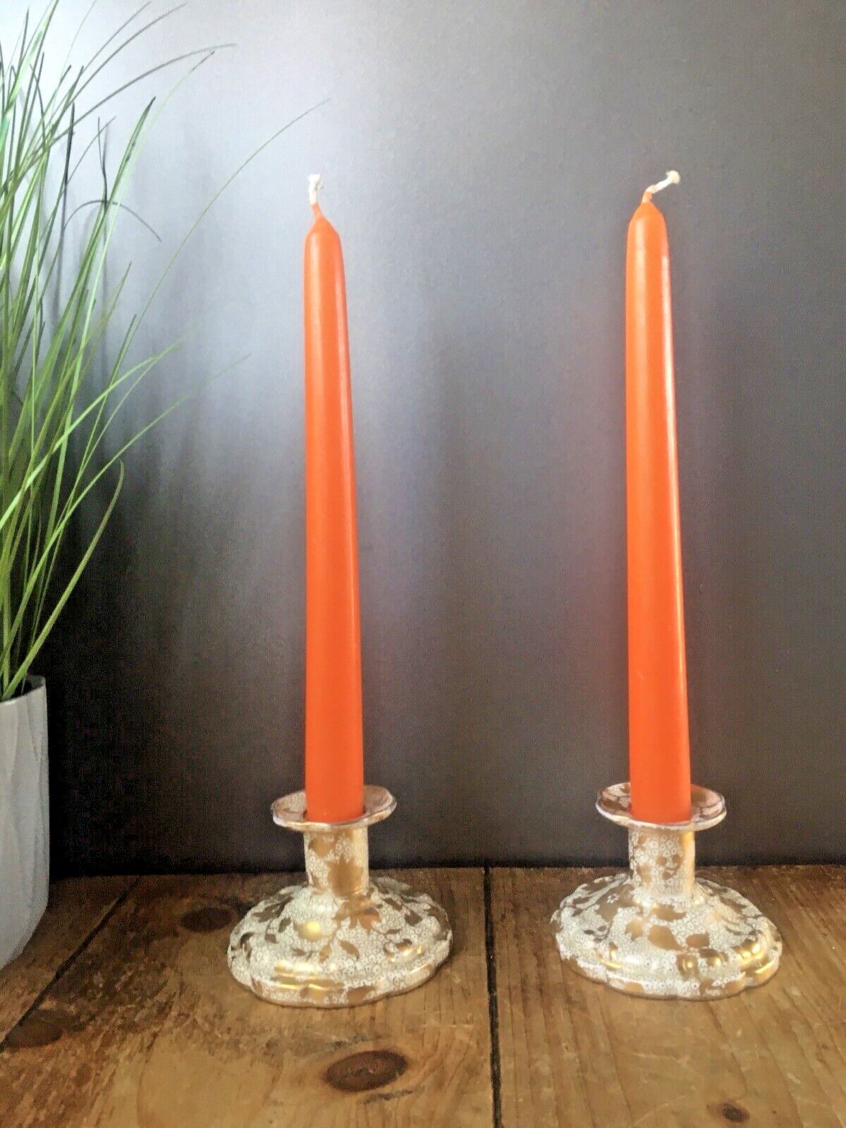Home Decor Pair Of Antique Tuscan Fine China Gilded Floral Spray Candlestick Candle Holders photo
