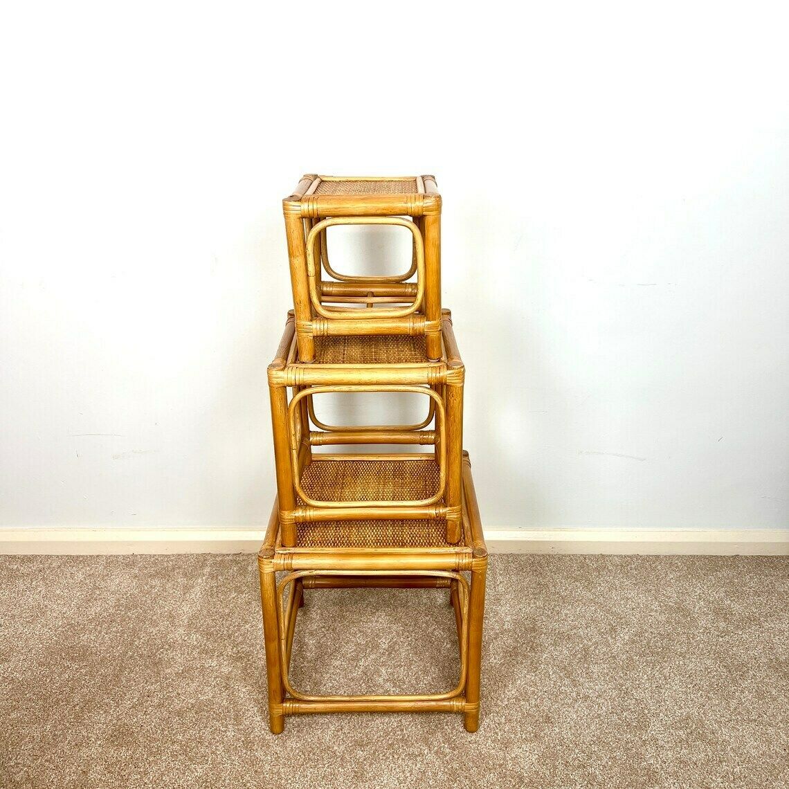 Vintage Tiki Boho Bamboo Rattan Nest Of Tables photo Furniture