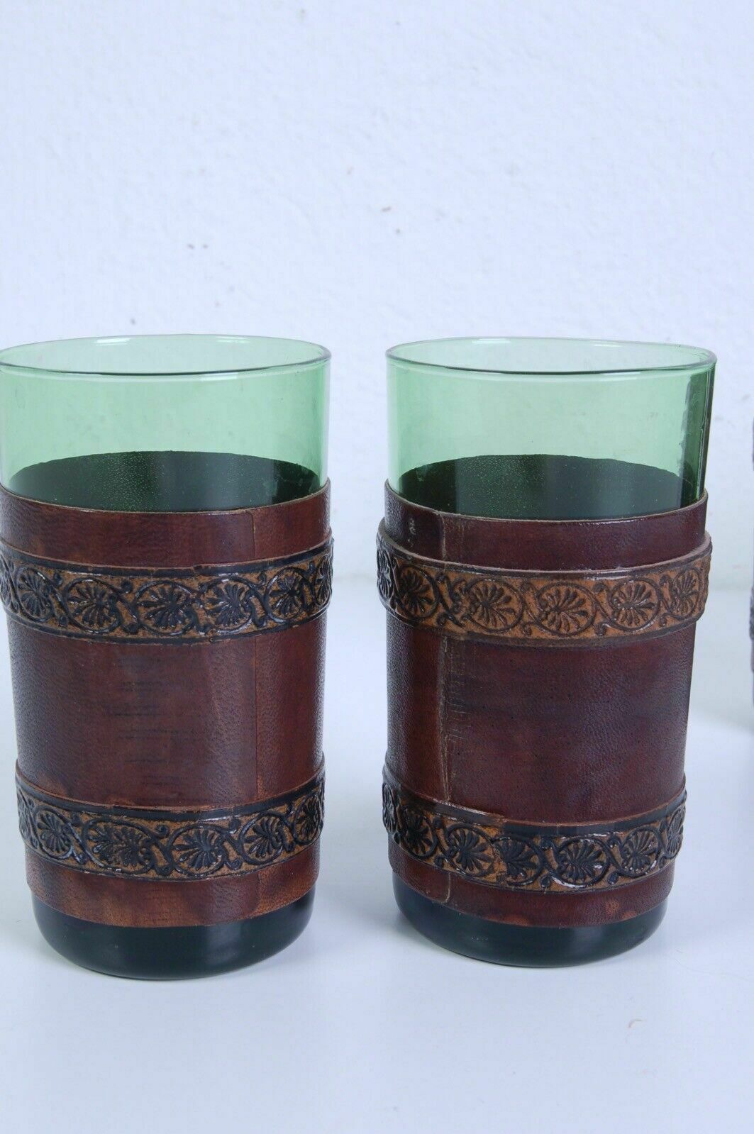 Home Decor Set Of Green Blown Glass Jugs And Glasses Covered In Vintage Brown Leather photo