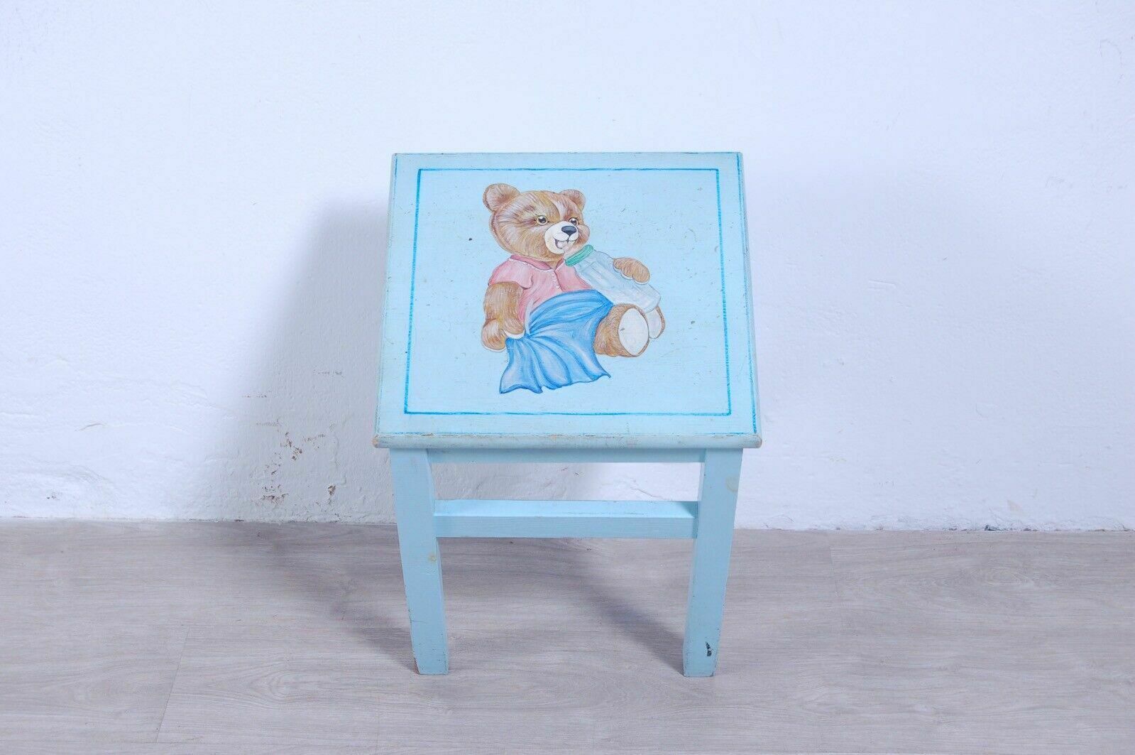 Vintage Stool Restyling Shop Windows Baby Girl Blue With Teddy Bear photo for sale