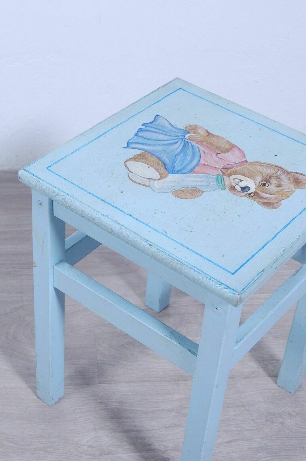 Vintage Stool Restyling Shop Windows Baby Girl Blue With Teddy Bear photo vinterior