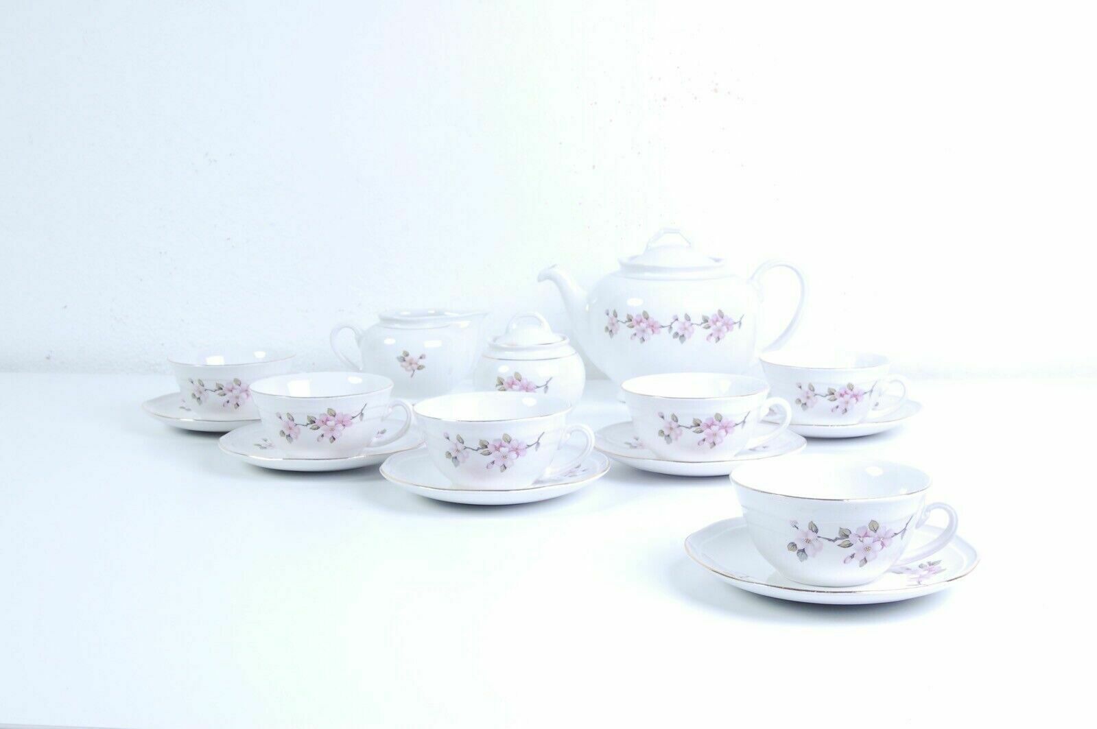 Laveno Ceramic Tea Coffee Service 6 People With Peach Blossom Teapot From The 1950s